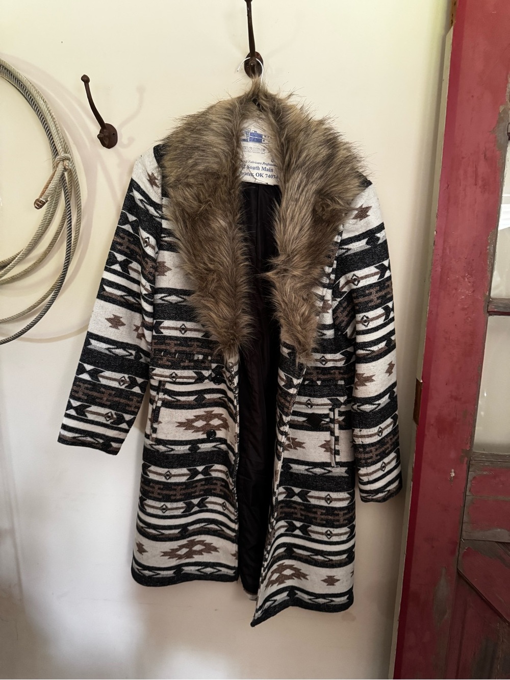 STS Ranchwear Aztec Pattern Trench Coat with Faux Fur Collar in Cream & Brown